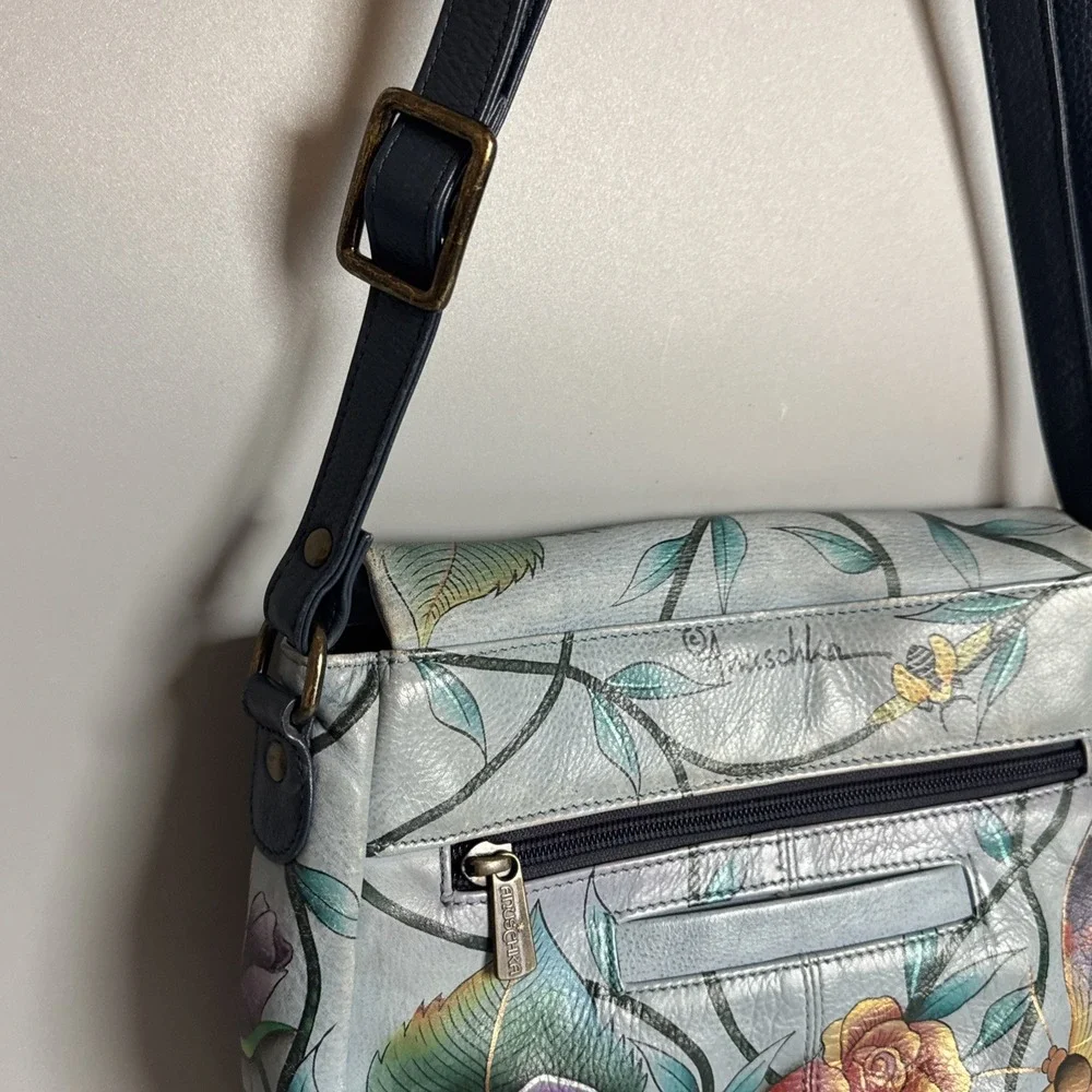 Anuschka Hand Painted‎ Floral Butterfly Leather Shoulder Bag Blue Bug Insect